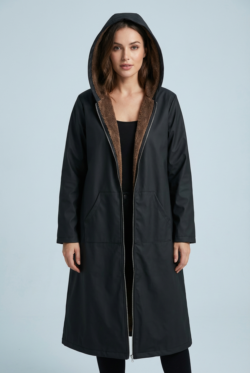 Women’s Elegant Warm Winter Black Plush-Lined Hooded Long Coat
