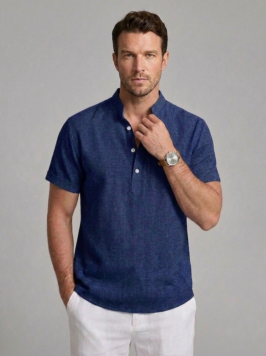 Linen Style Short Sleeve Henley Comfortable Shirt Men