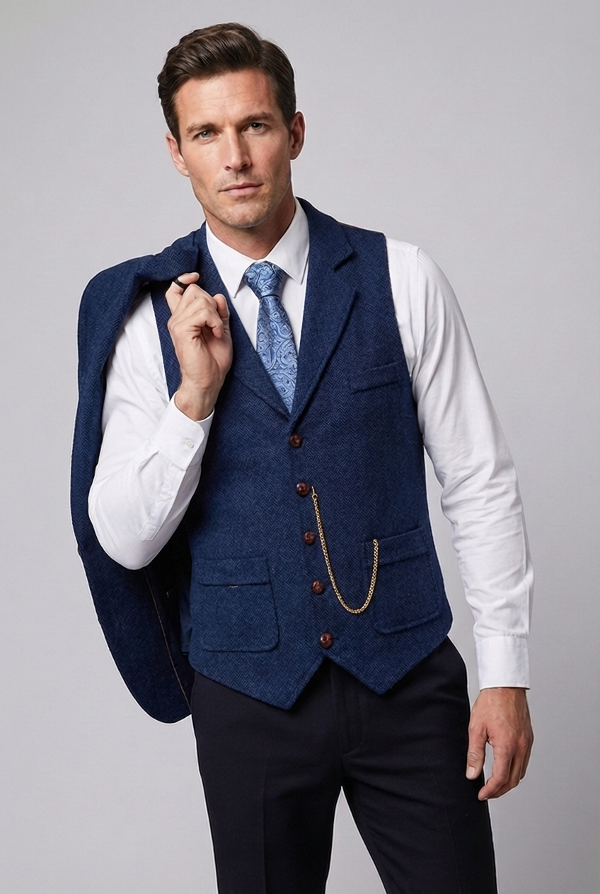Herringbone Tweed Style Lapel Waistcoat Men