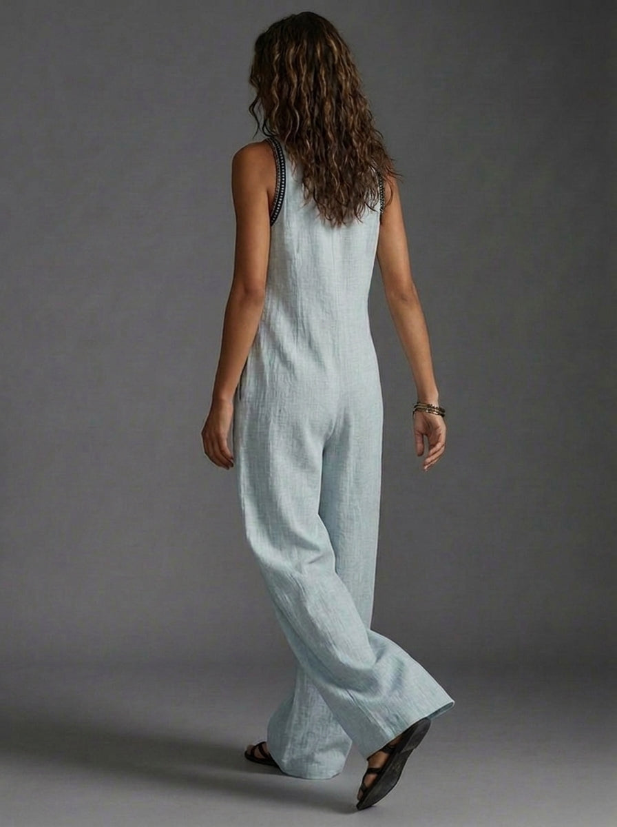 Sleeveless Embroidered V-Neck Wide Leg Boho Jumpsuit