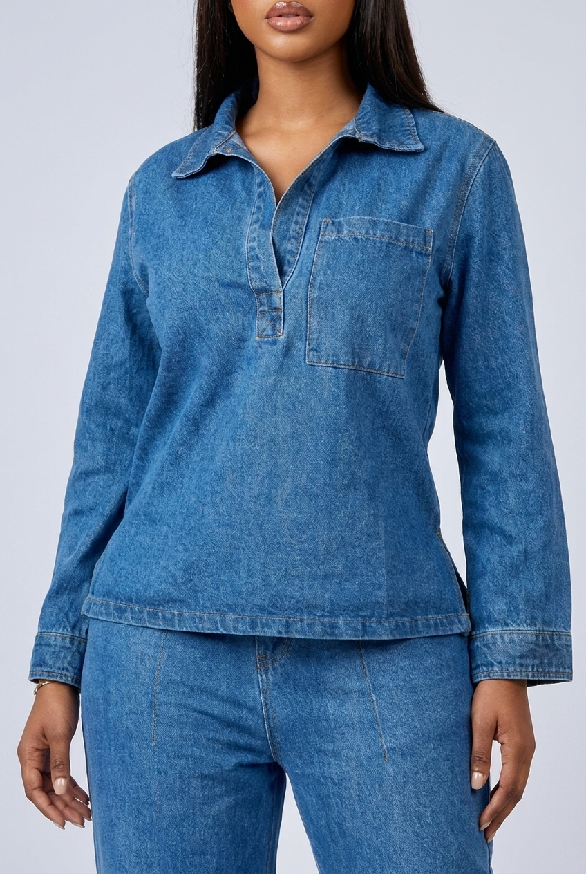 Denim Style Long Sleeve Wide Leg Co-ord Set Women