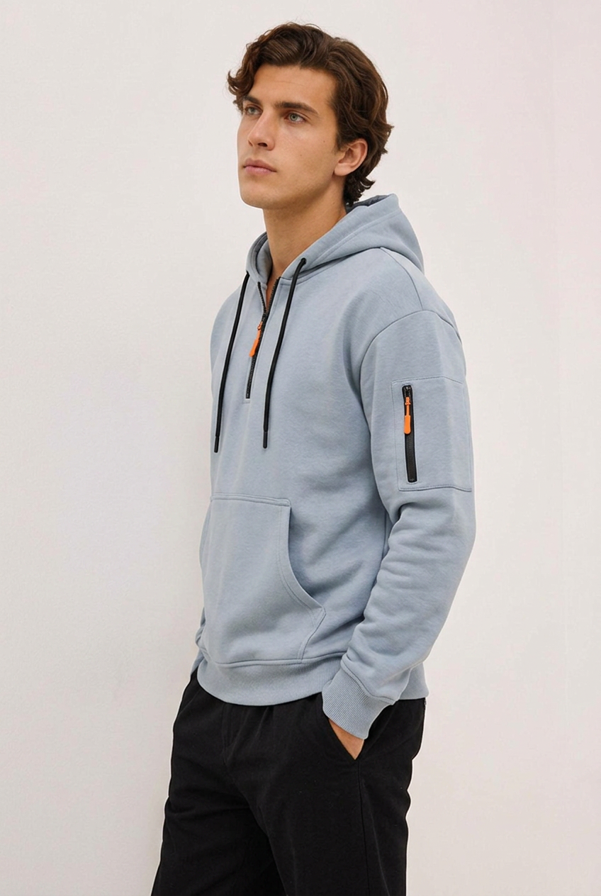 Quarter Zip Hooded Sweatshirt With Pocket Men
