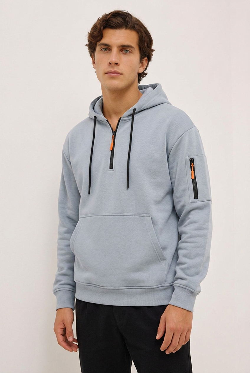 Quarter Zip Hooded Sweatshirt With Pocket Men