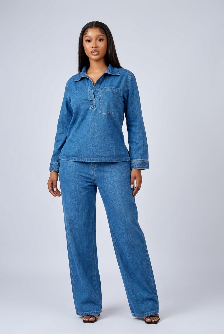 Denim Style Long Sleeve Wide Leg Co-ord Set Women