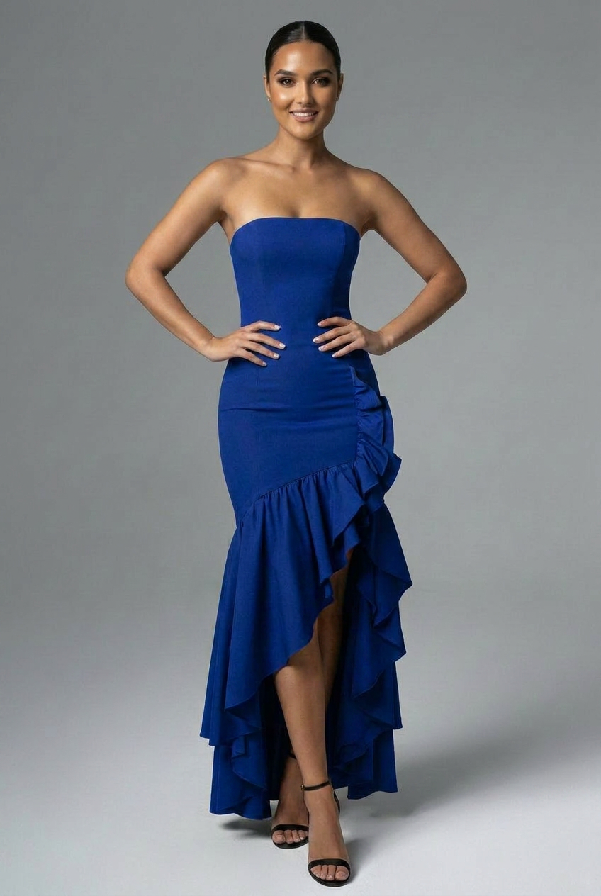 Strapless Bodycon Ruffle Hem Fishtail Maxi Cocktail Dress