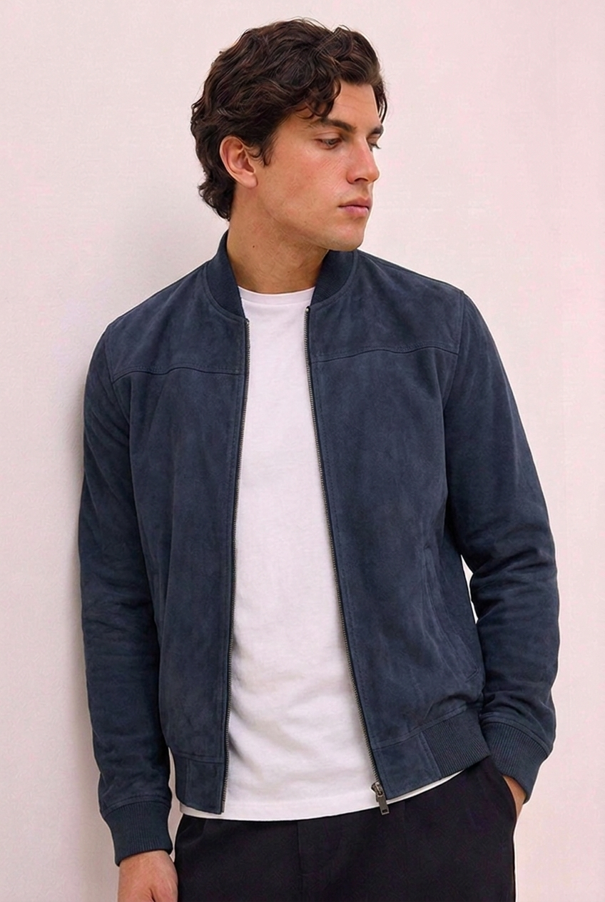 Suede Style Zip Front Ribbed Bomber Jacket Men