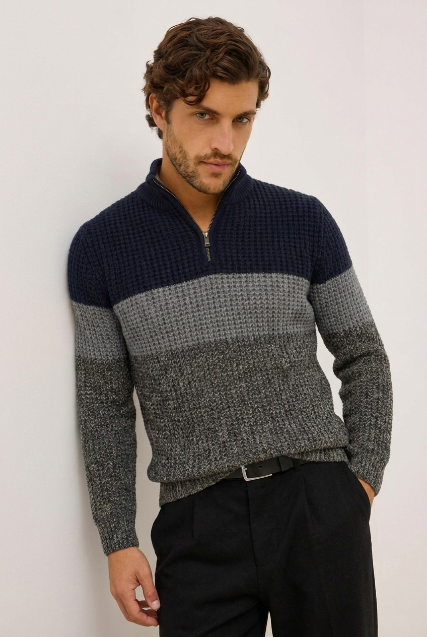 Colour Block Knit Quarter Zip Jumper Men