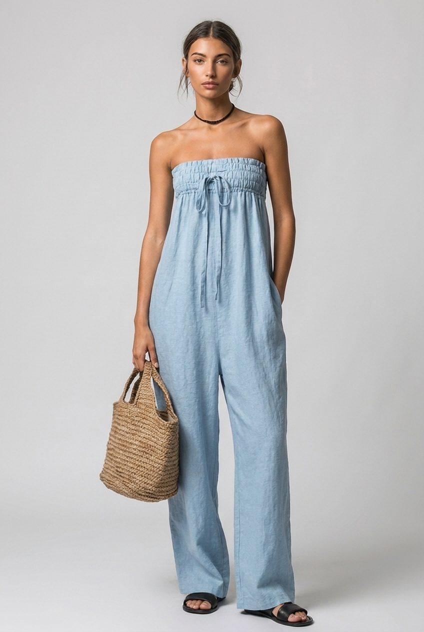 Strapless Bandeau Linen Style Wide Leg Jumpsuit Women