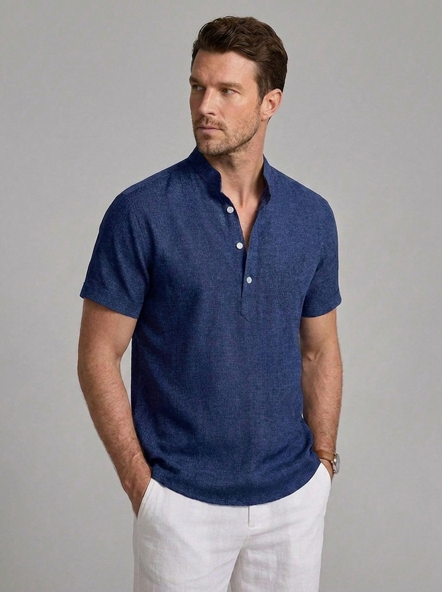 Linen Style Short Sleeve Henley Comfortable Shirt Men