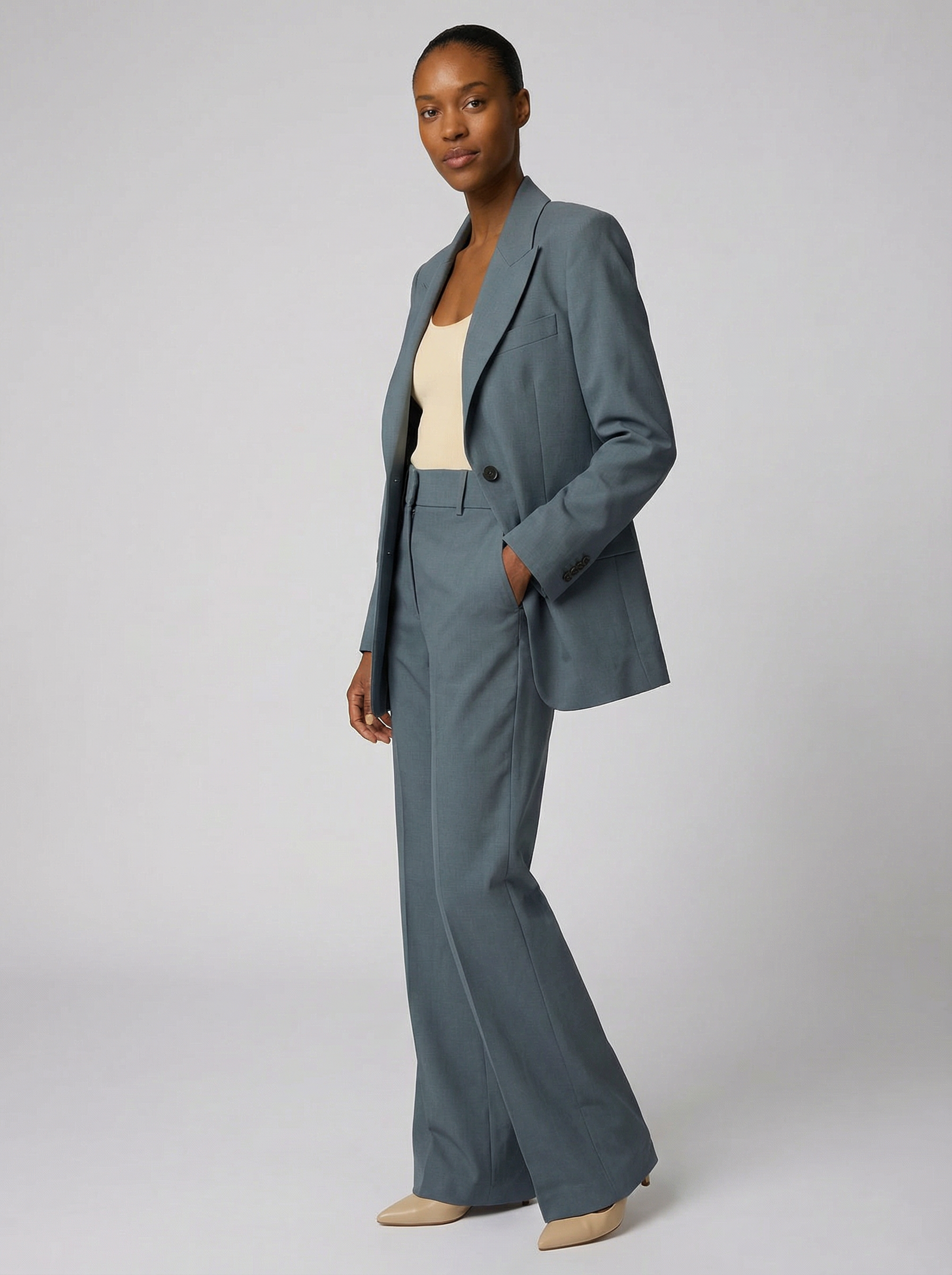 Women's Tailored Slim Blazer & Wide-Leg Trousers Two-Piece Suit