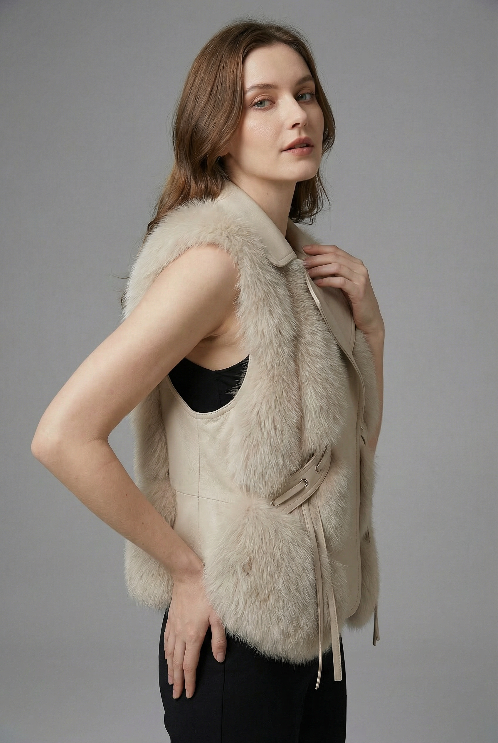 Women's Faux Fur Style Gilet – Oversized Lapel Lightweight Layering Vest