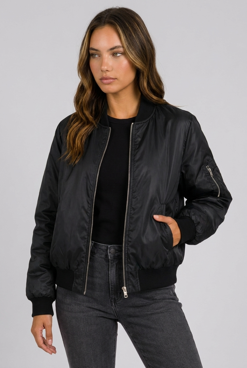 Lightweight Ribbed Cuff Zip Bomber Jacket Women