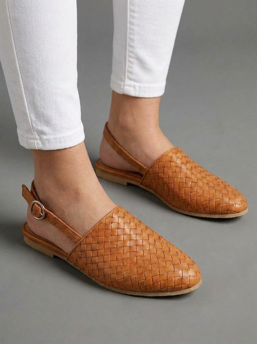 Woven Pointed Toe Leather Style Flat Mules Women