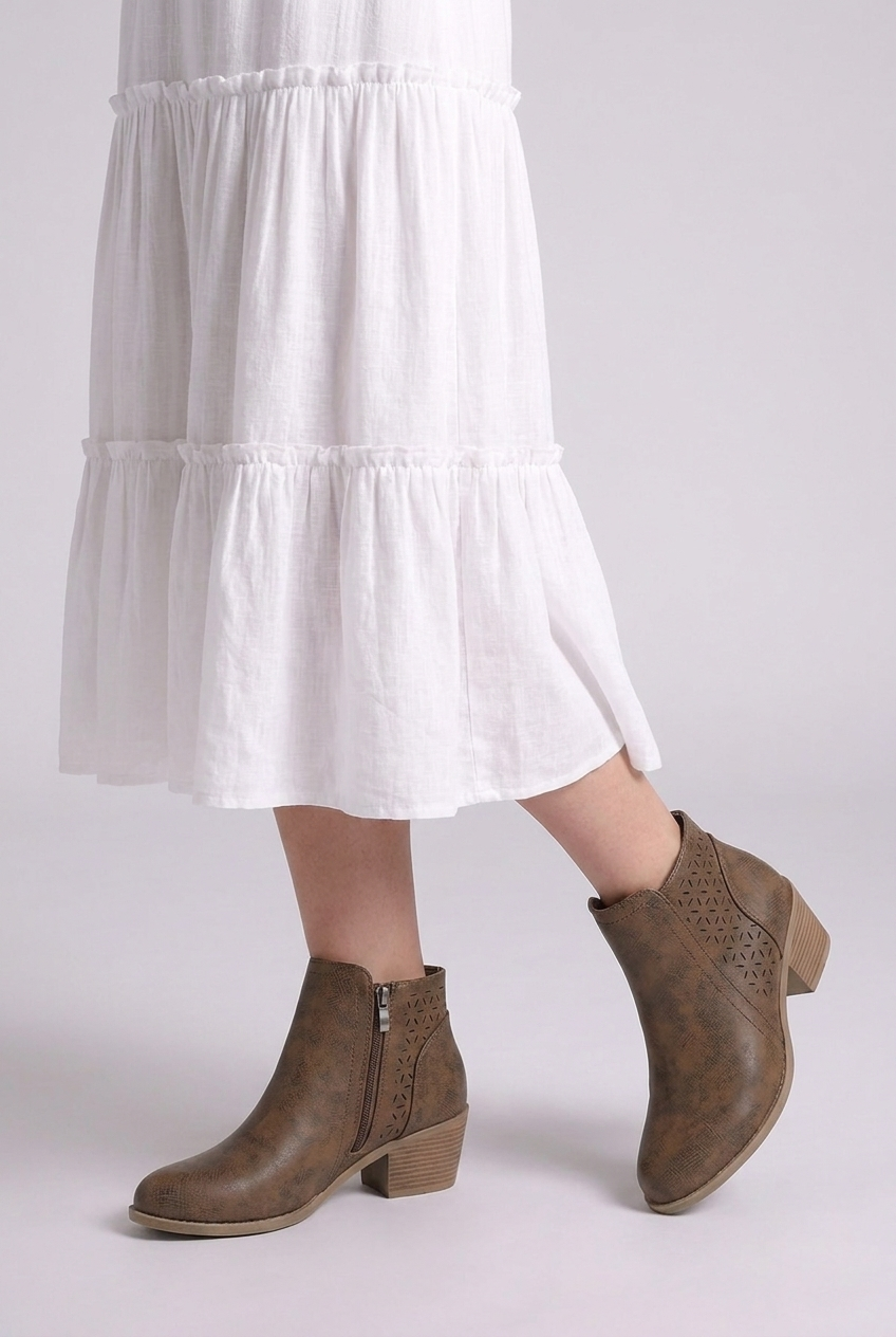 Perforated Zip Side Block Heel Ankle Boots Women