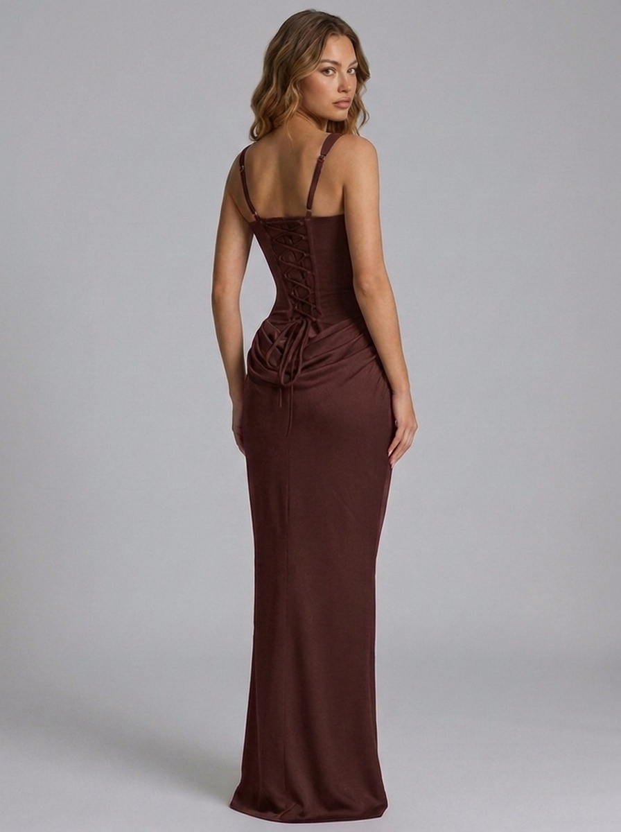 Corset Square Neck Draped Column Prom Maxi Dress
