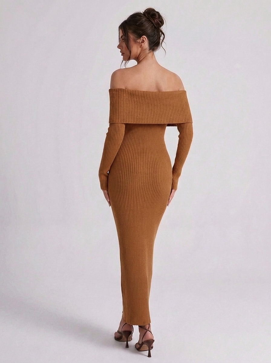Off Shoulder Knitted Style Long Sleeve Maxi Dress