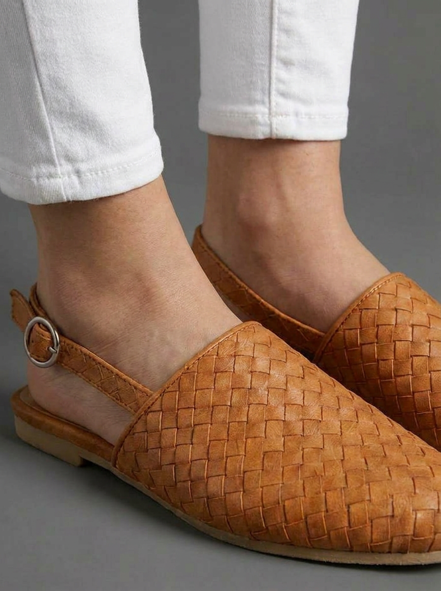 Woven Pointed Toe Leather Style Flat Mules Women