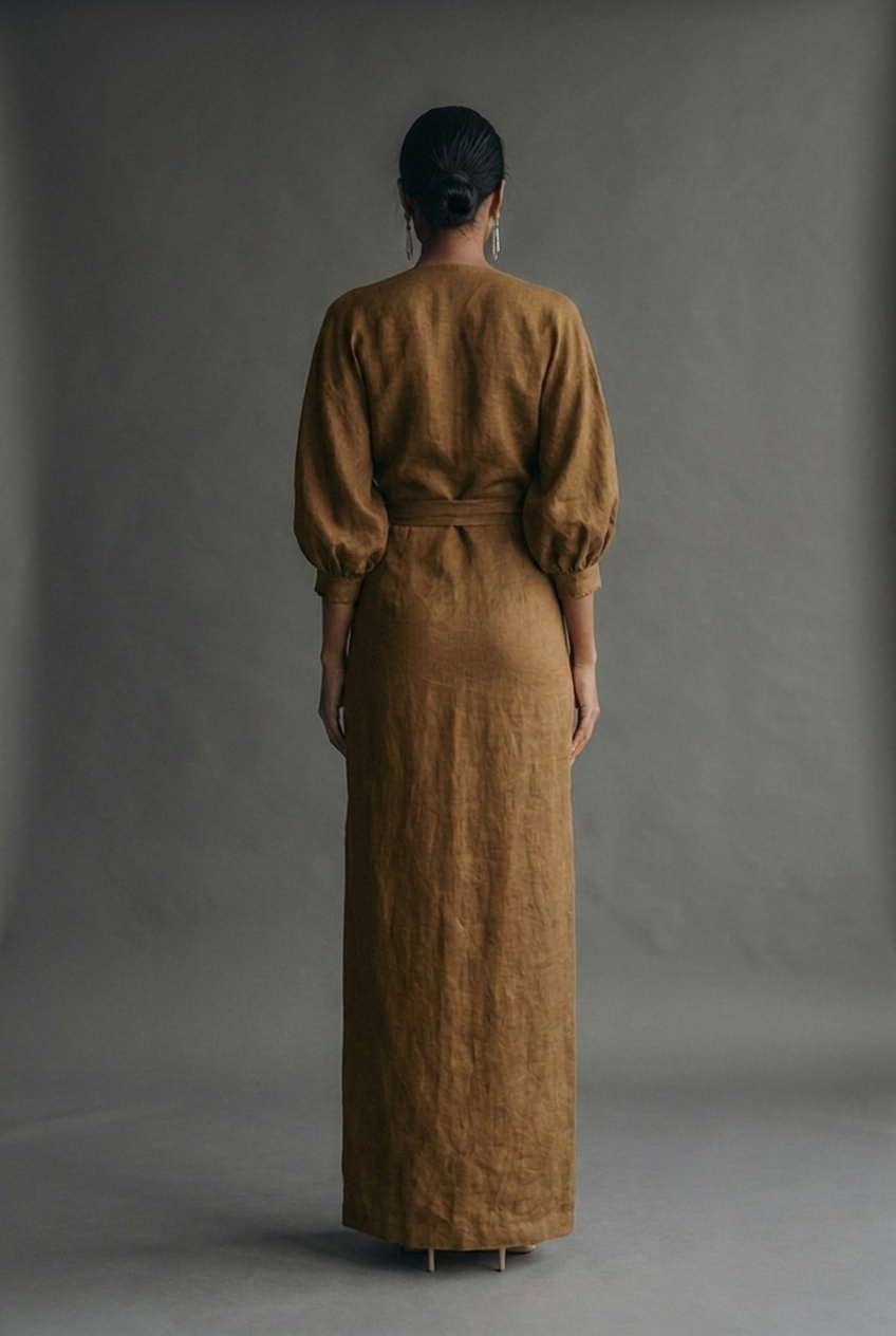 Linen Style Maxi Dress V-Neck Batwing Sleeve Twist Front Wrap
