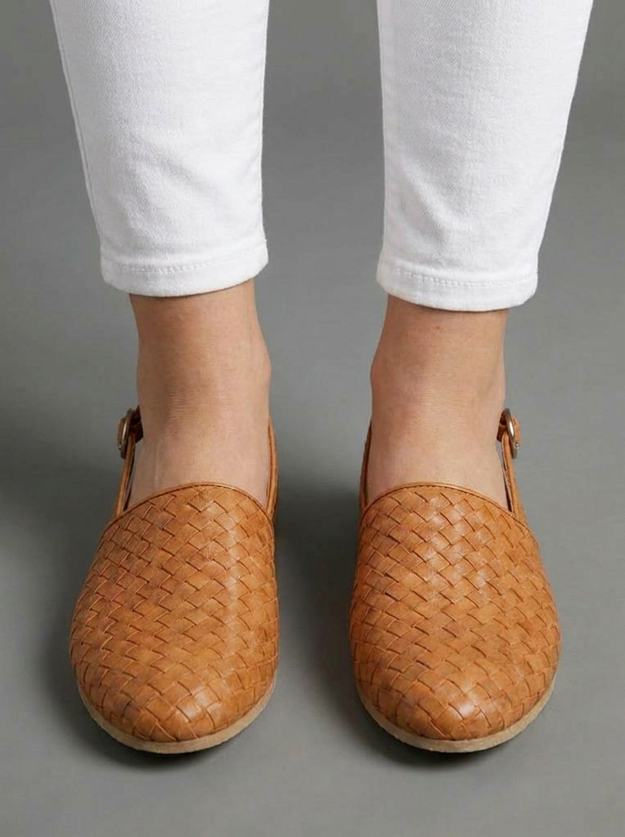 Woven Pointed Toe Leather Style Flat Mules Women