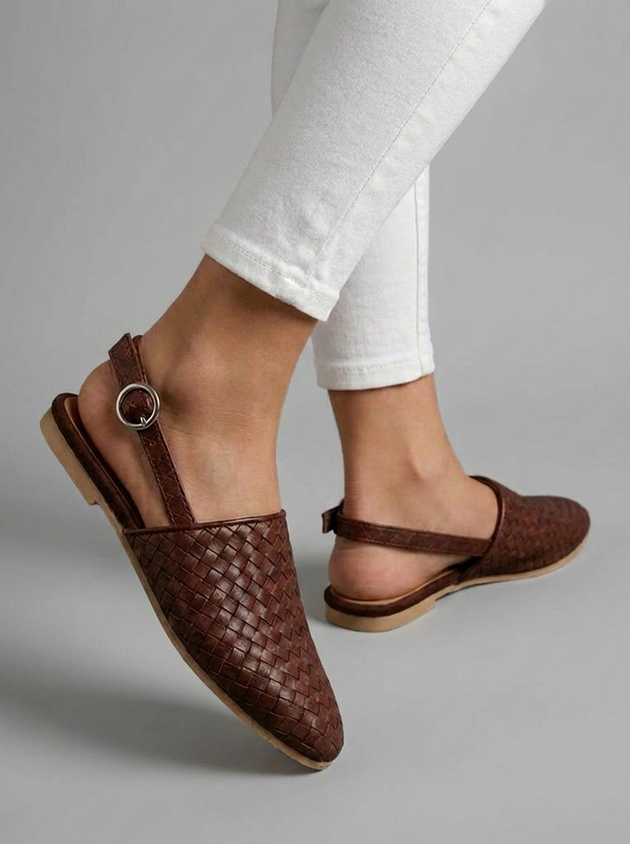 Woven Slingback Mule Flats – Closed Toe Buckle Strap