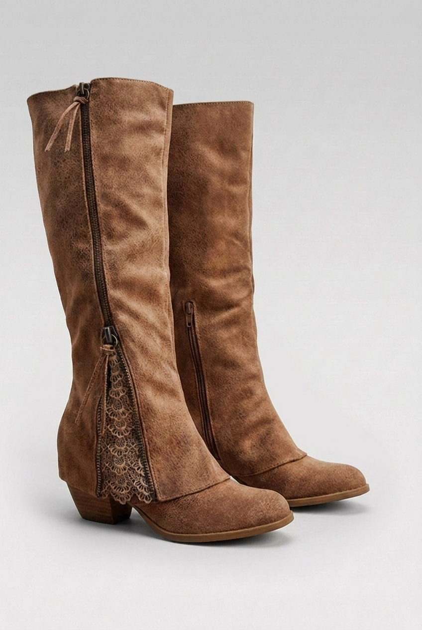 Zip Front Lace Trim Knee High Boots Women