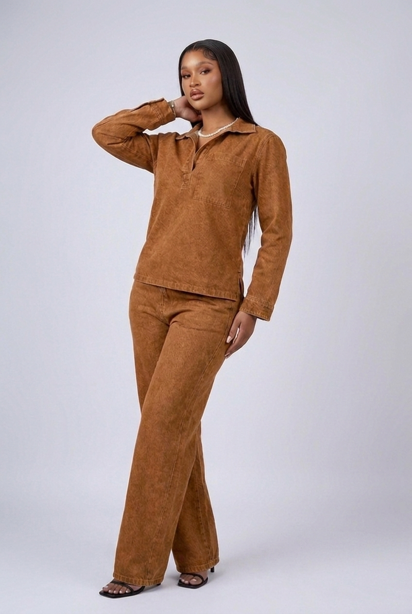 Denim Style Long Sleeve Wide Leg Co-ord Set Women