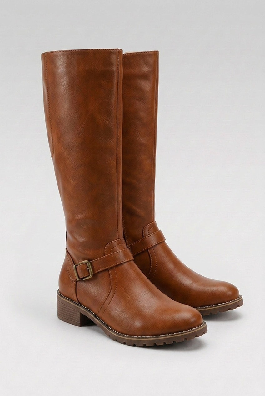 Buckle Strap Block Heel Knee High Boots Women