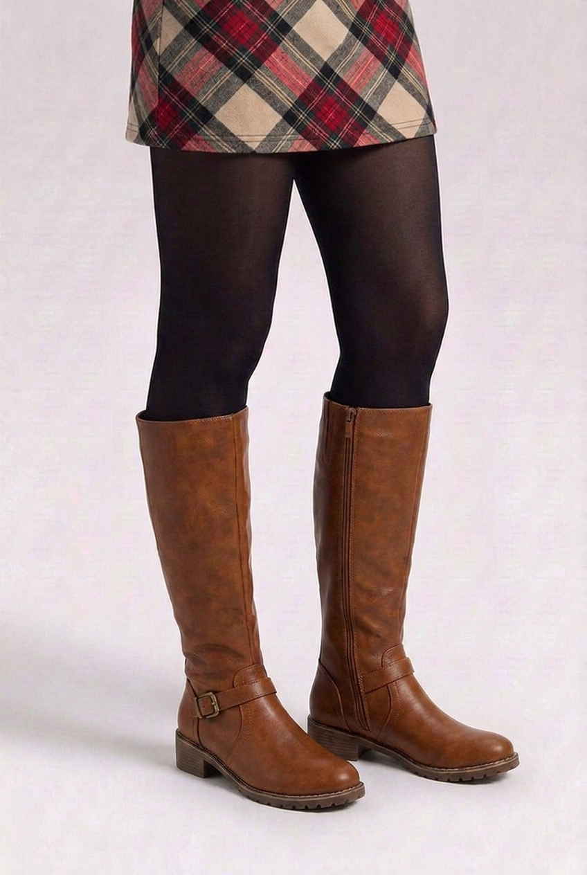 Buckle Strap Block Heel Knee High Boots Women