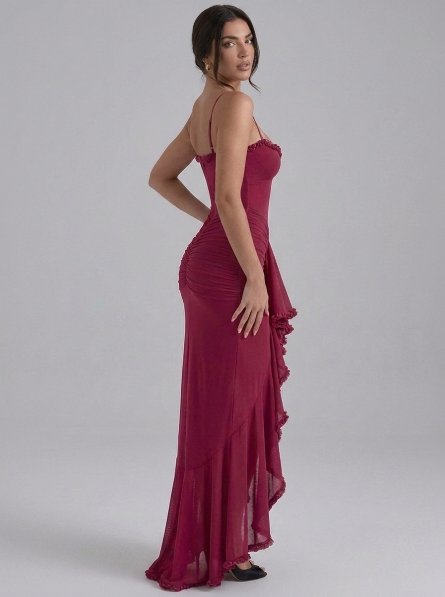Strappy Ruched Ruffle Split Occasion Maxi Dress