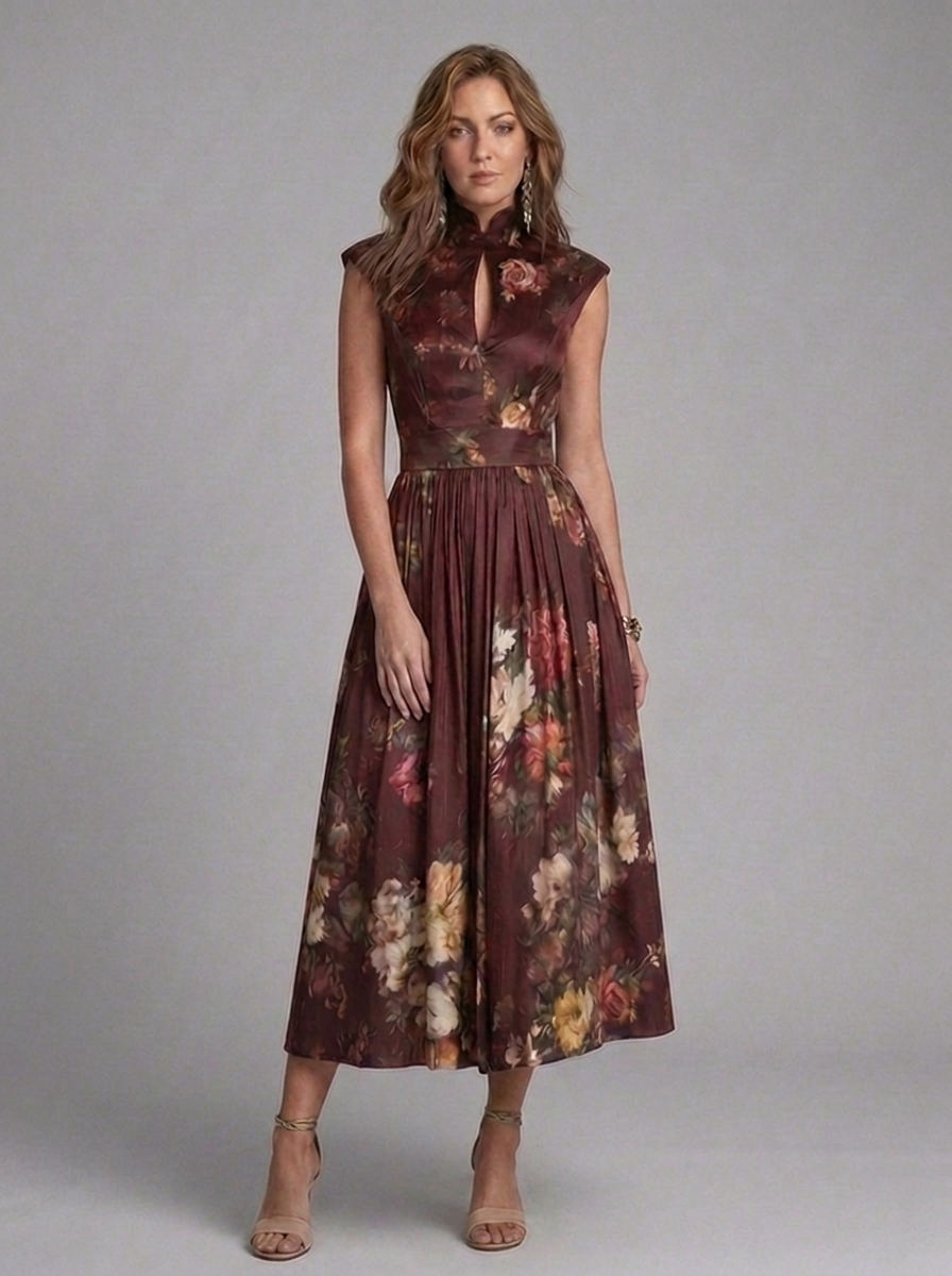 Floral High Neck Pleated Midi Wedding Guest Dress