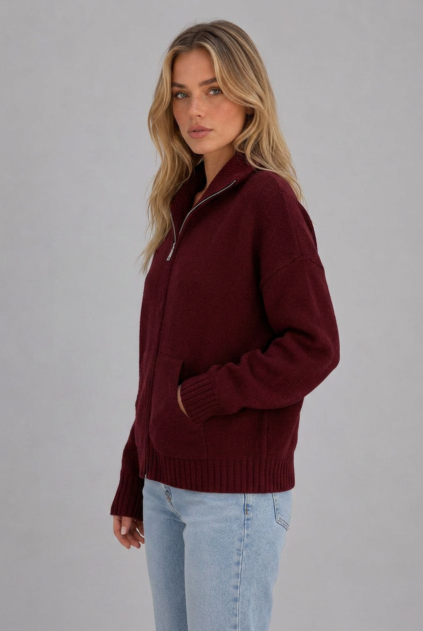 Funnel Neck Zip Up Sweater Knitted Jacket Women