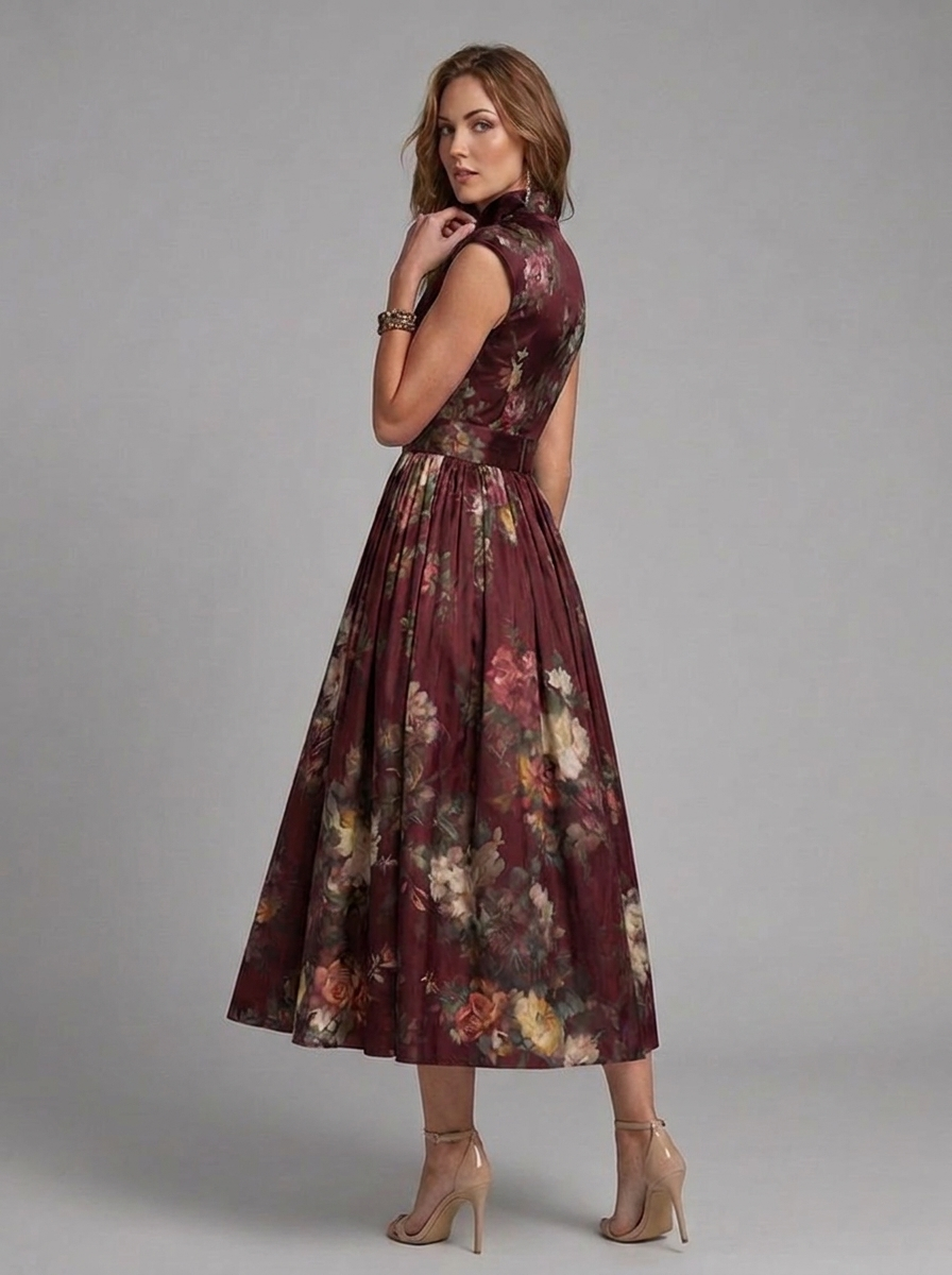 Floral High Neck Pleated Midi Wedding Guest Dress