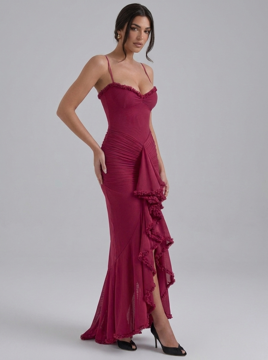 Strappy Ruched Ruffle Split Occasion Maxi Dress
