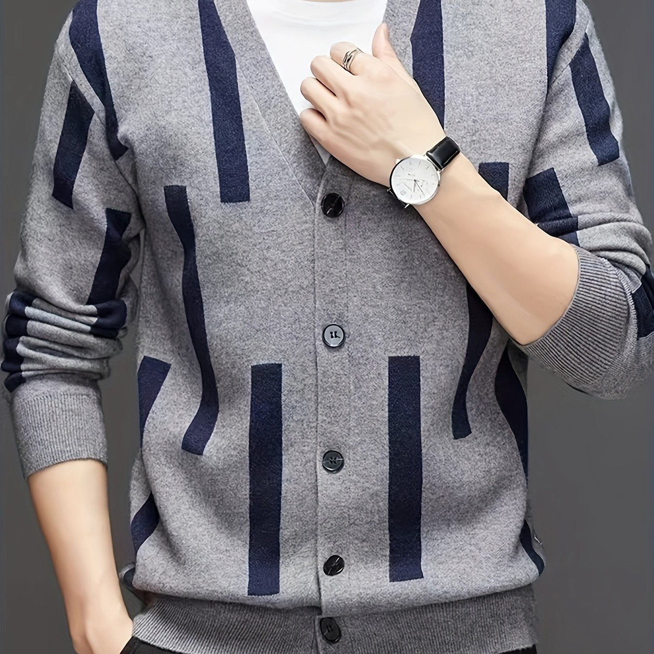 [2024 Men's V-Neck Sweater] 2024 Men's Casual V-Neck Cardigan Sweater | Striped Button-Front Design, Stretchy Knit Fabric, All-Season Comfort, Regular Fit Long Sleeve | Vneck Design, Durable Comfort, Textured Knitwear