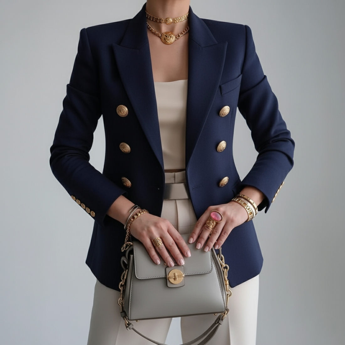 Women’s Tailored Double-Breasted Gold Button Blazer