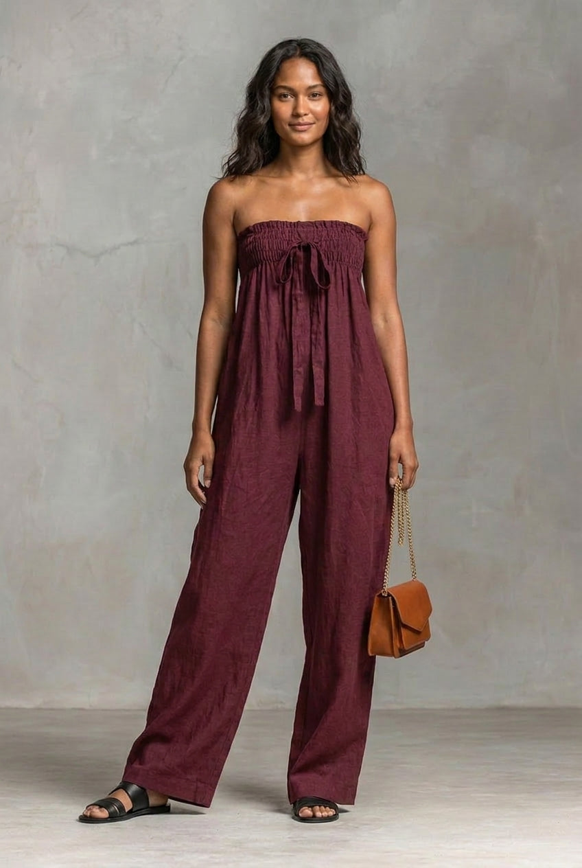 Strapless Bandeau Linen Style Wide Leg Jumpsuit Women
