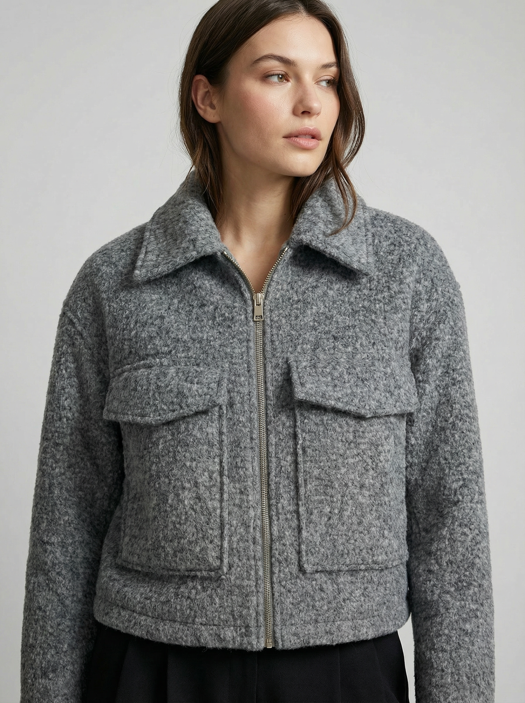 Women’s Gray Cropped Big Front Pocket Wool Blend Zip Jacket