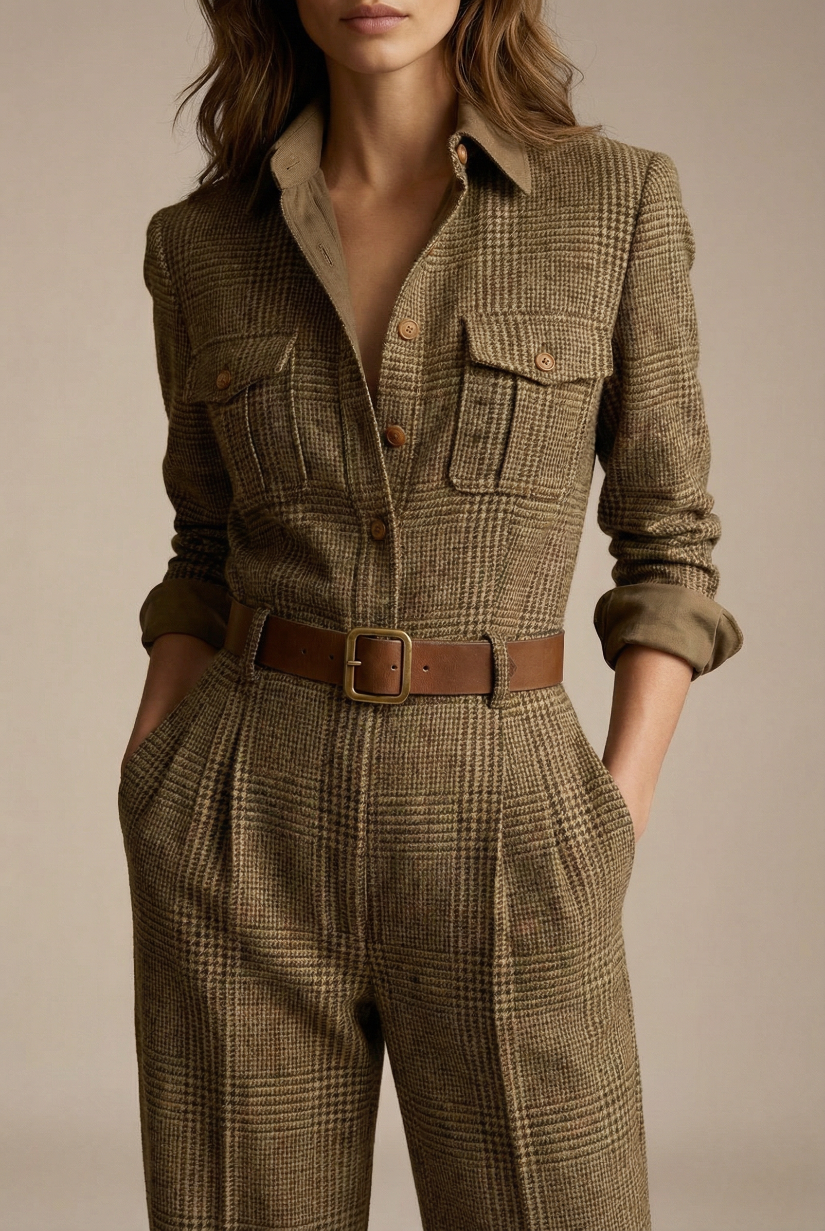Women’s Brown Tweed Check Wide-Leg Utility Jumpsuit - Business Wear