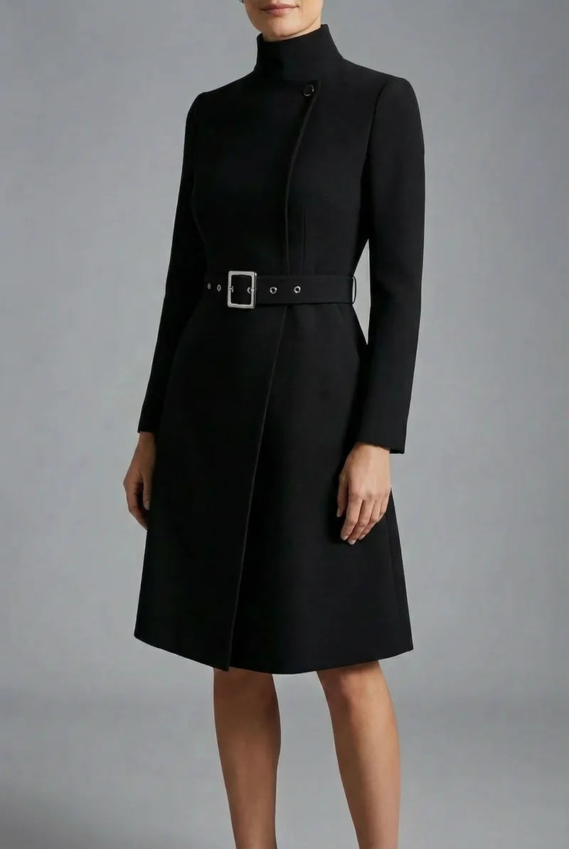 Women's High Neck Asymmetric Front Belted Midi Dress