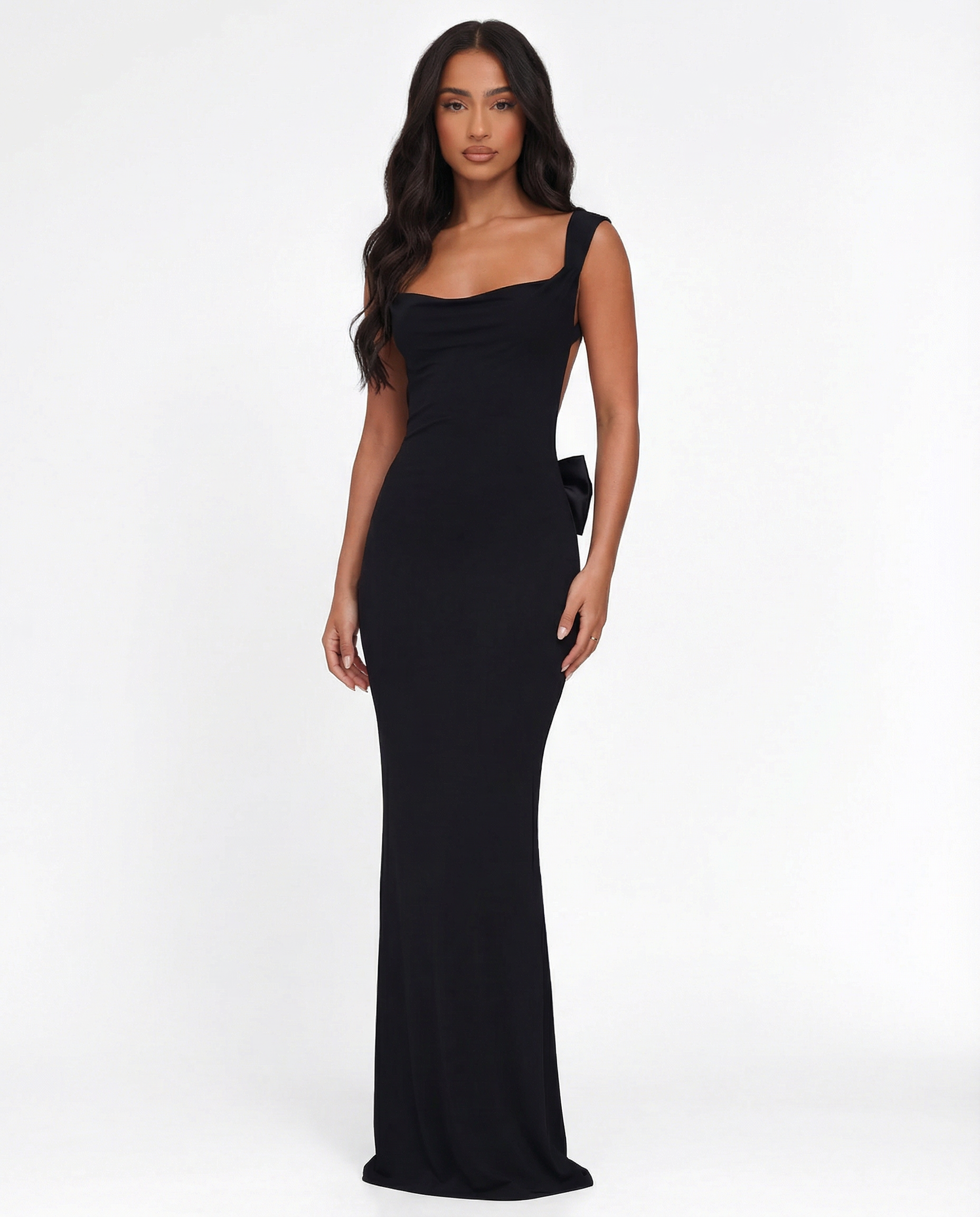 Cowl Neck Open Back Bow Occasion Maxi Dress