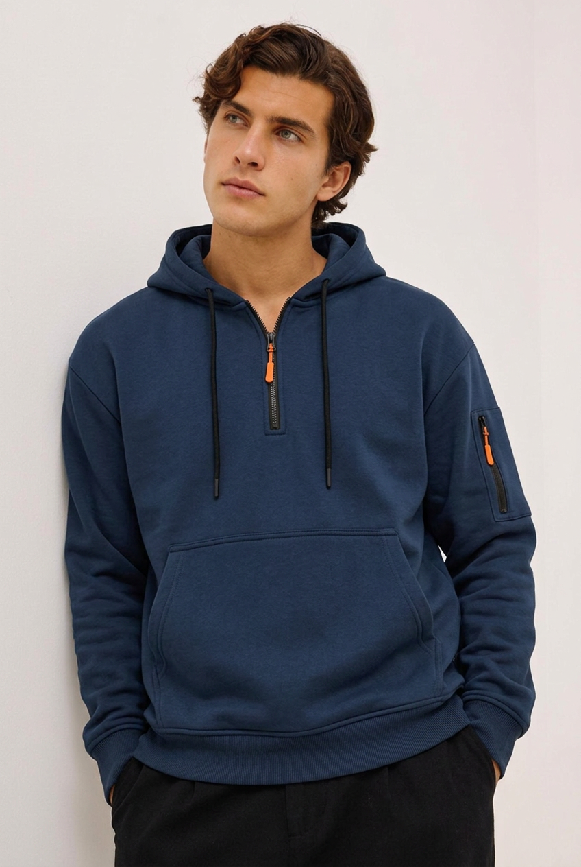 Quarter Zip Hooded Sweatshirt With Pocket Men