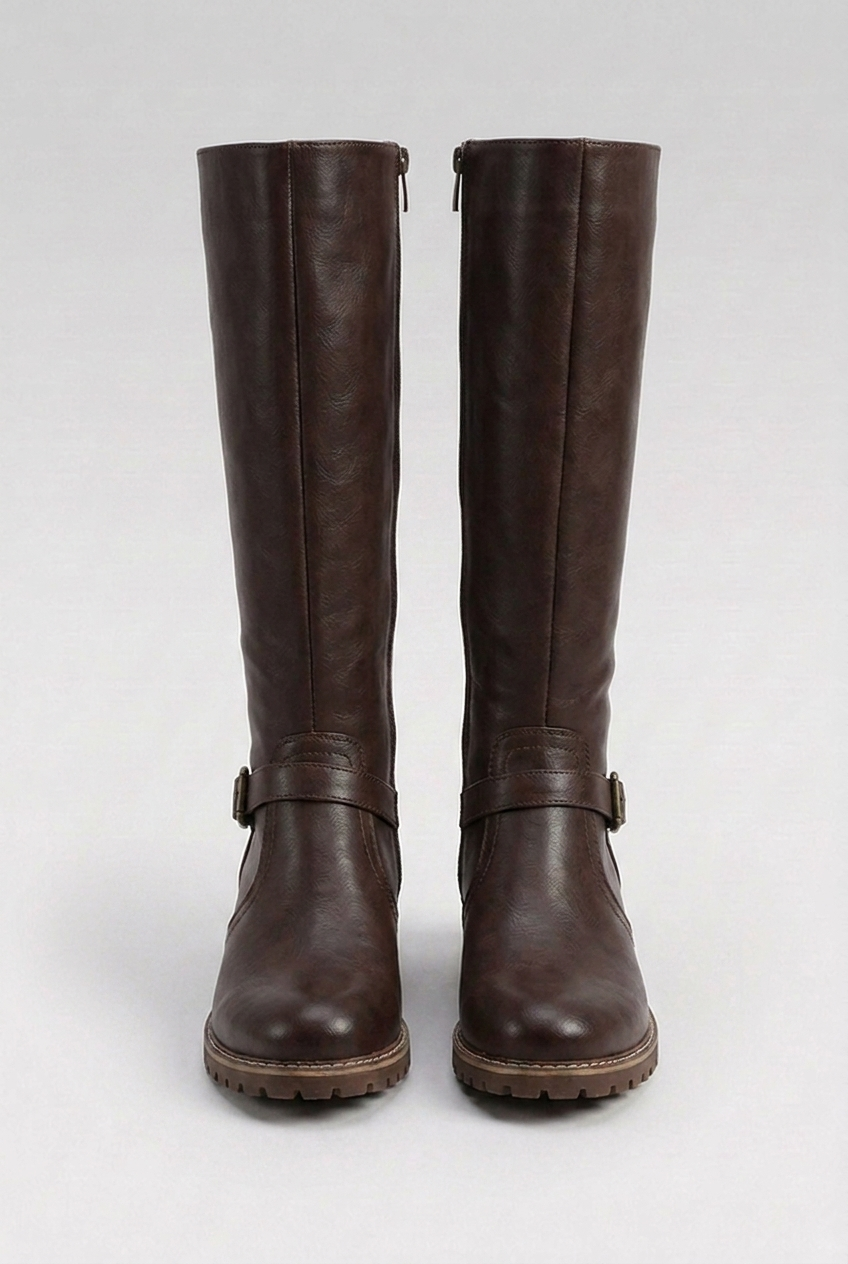 Buckle Strap Block Heel Knee High Boots Women