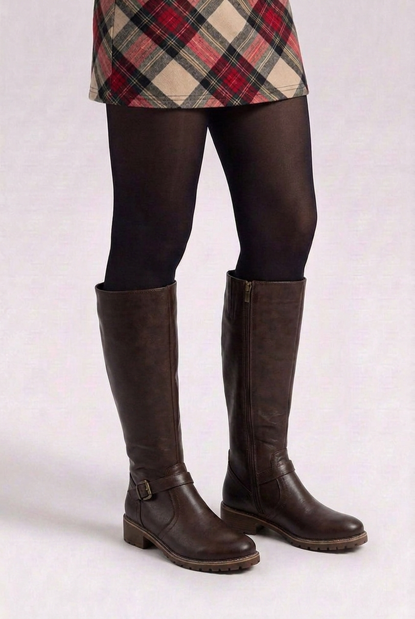 Buckle Strap Block Heel Knee High Boots Women
