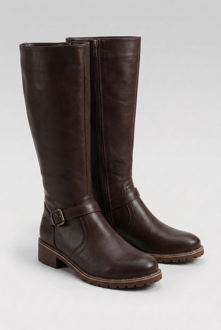 Buckle Strap Block Heel Knee High Boots Women