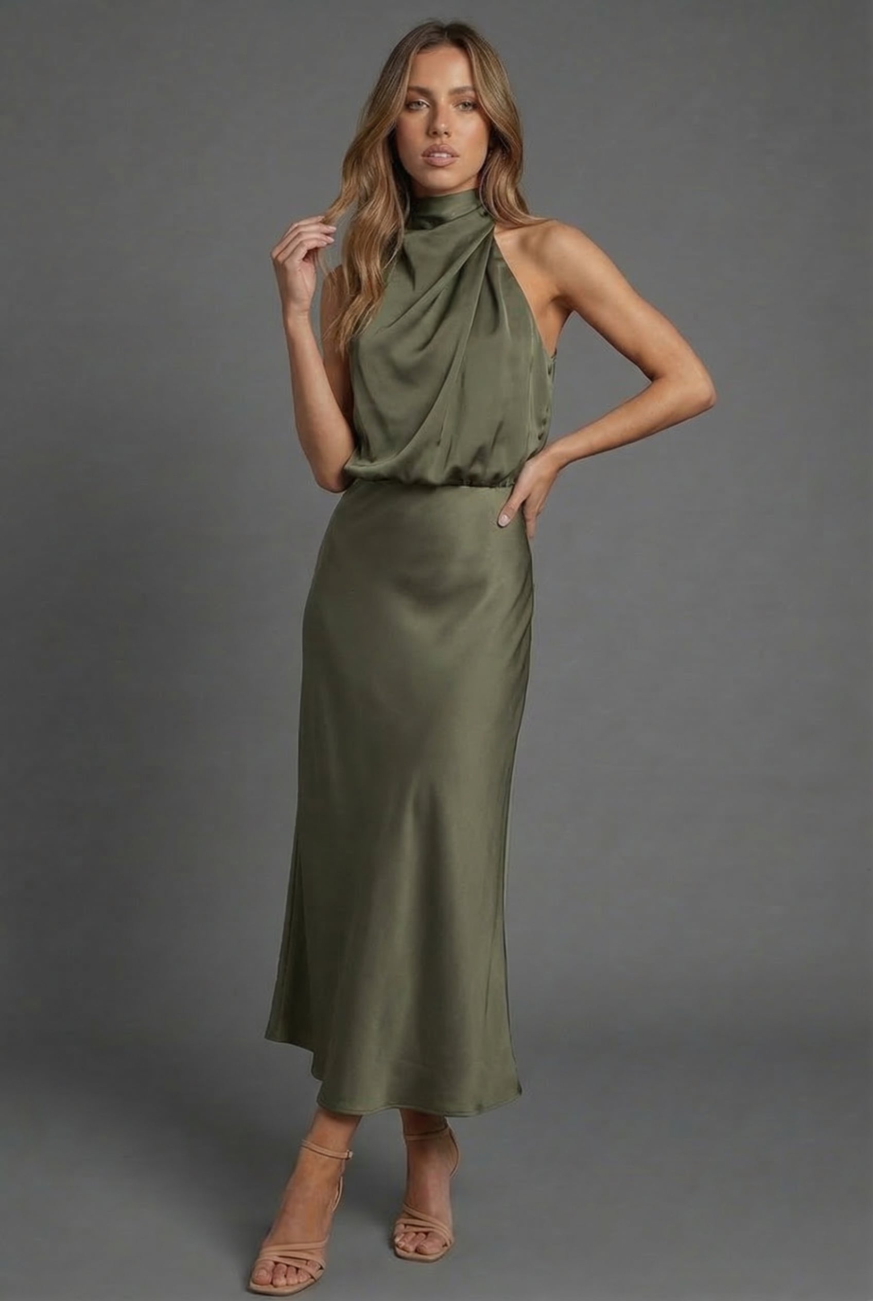 Halterneck Satin Style Wedding Guest Midi Dress