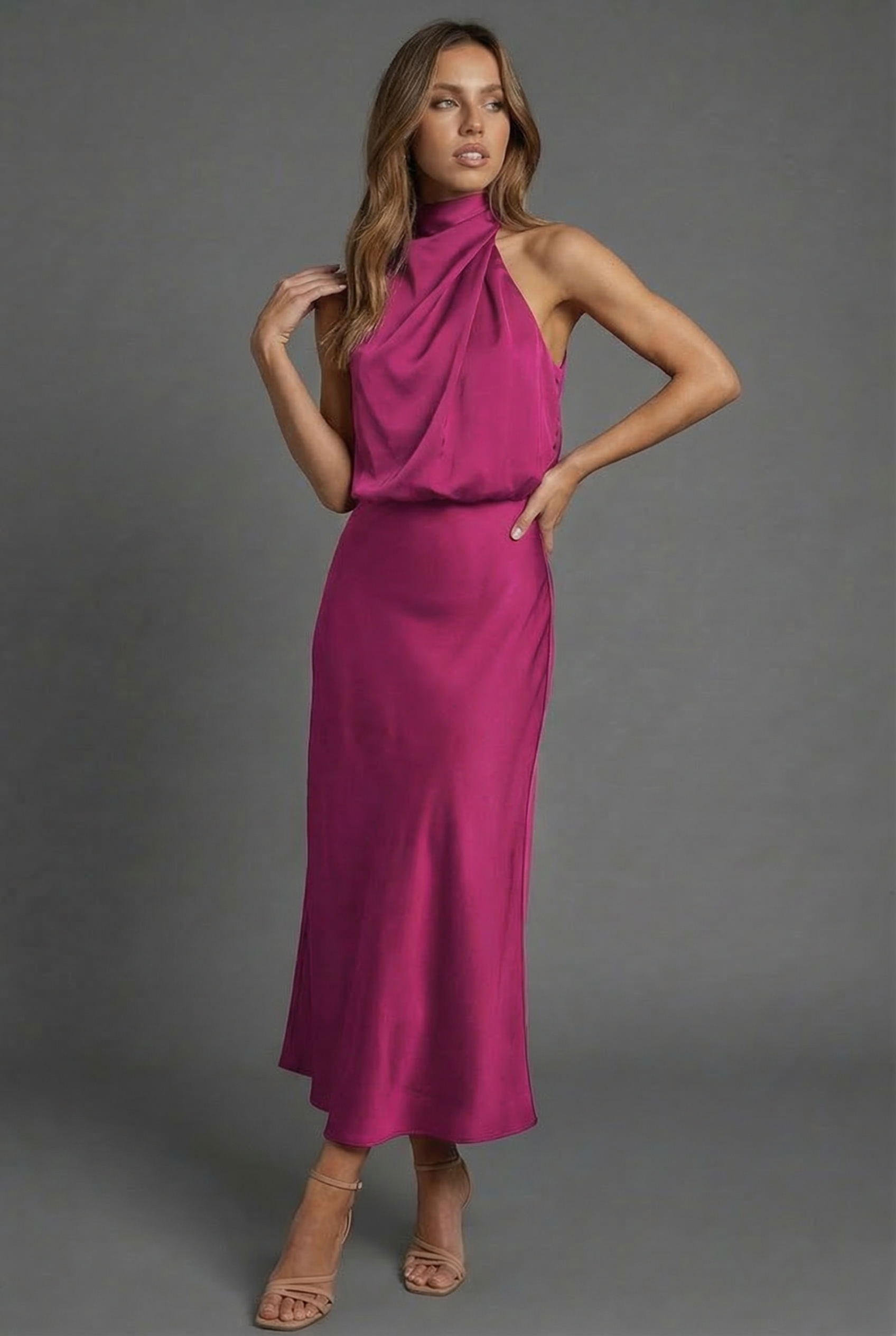Halterneck Satin Style Wedding Guest Midi Dress
