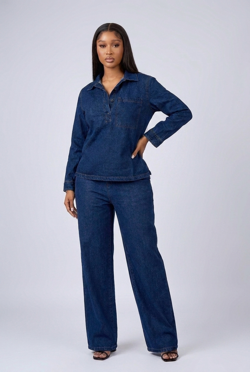 Denim Style Long Sleeve Wide Leg Co-ord Set Women