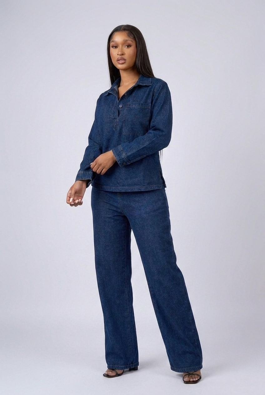 Denim Style Long Sleeve Wide Leg Co-ord Set Women