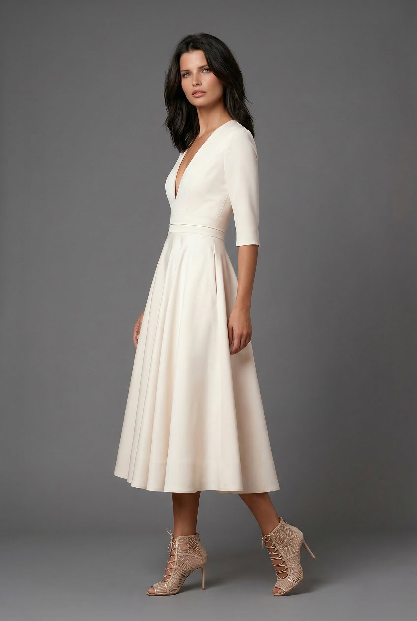 Women’s Elegant White Wedding Guest A-Line Flared Midi Dress