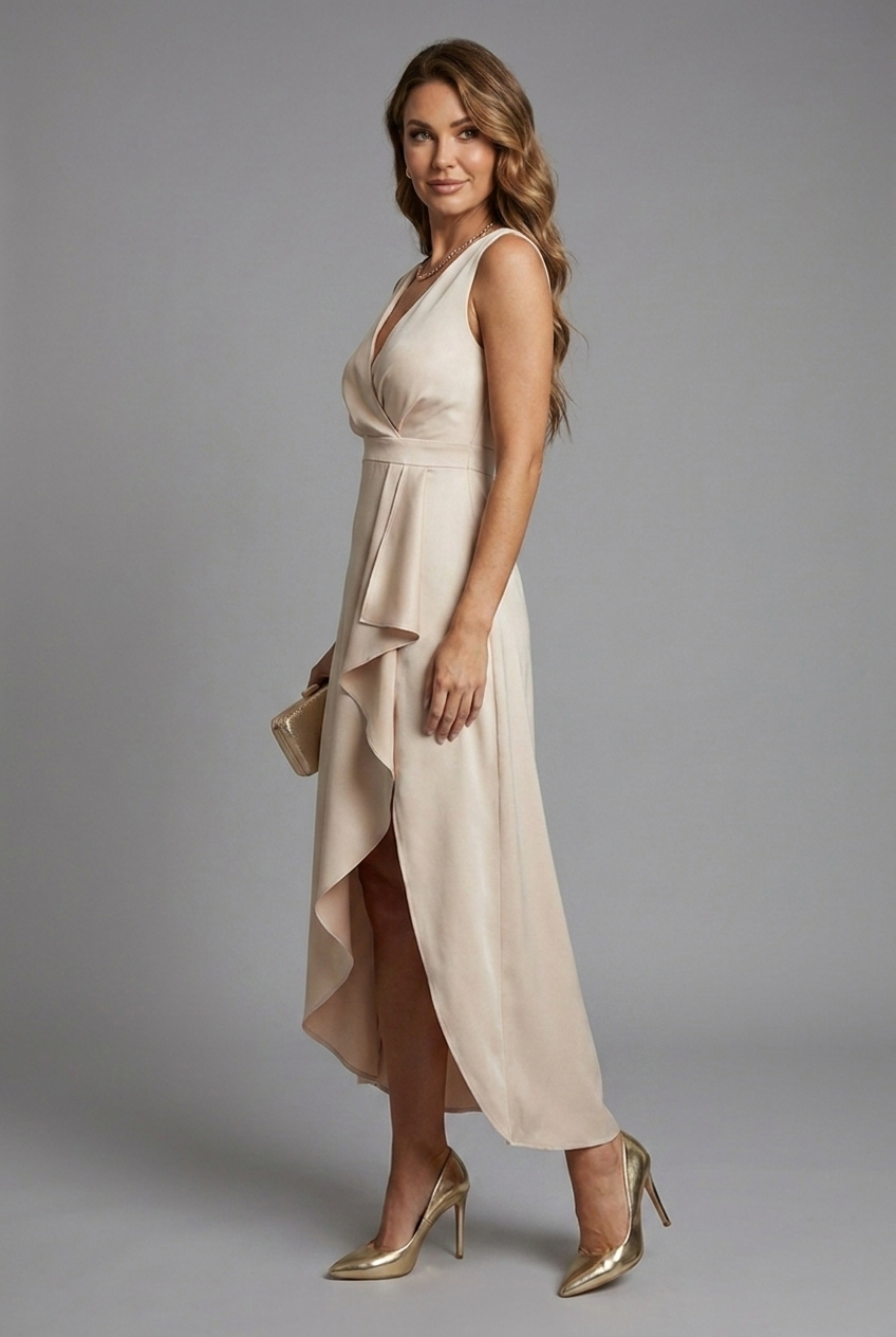 Midi Wedding Guest Dress V-Neck Wrap Dipped Hem